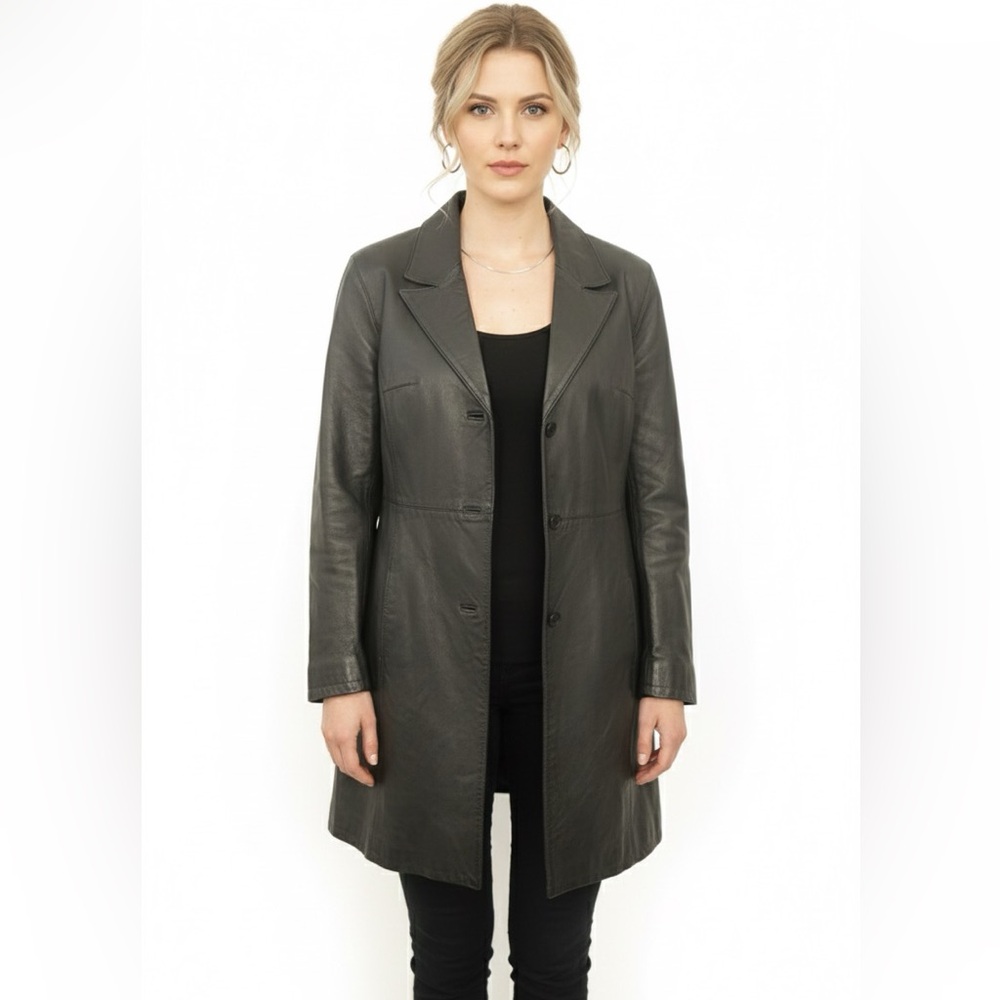 John Paul Richards Black Leather Long Jacket Single-Breasted Collar Pockets M/L